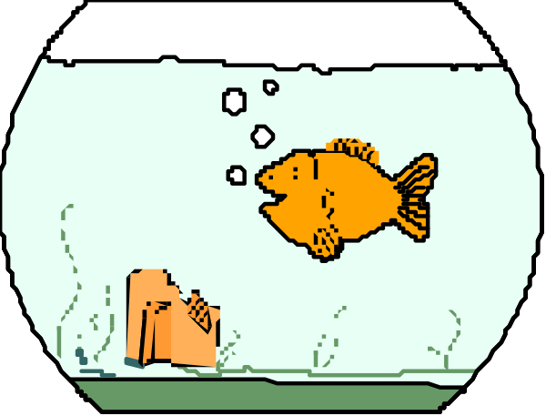 The image shows a cartoon depiction of an aquarium with two fish: on top is a goldfish swimming near plants; below it floats another orange-colored fish that appears to be thinking about something, as indicated by its thought bubble containing text and images related to fishing or the ocean.