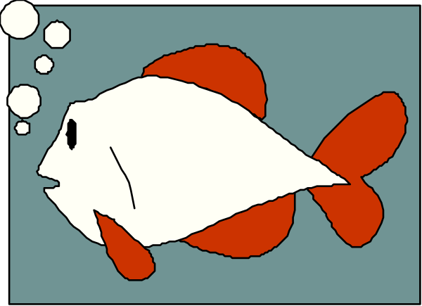 The image shows a cartoon of an orange fish with red fins swimming near bubbles that say "thought bubble" in white text above it inside what appears to be an aquarium tank on display at a store, as indicated by the price tag and sale sign visible through glass doors behind the fish.