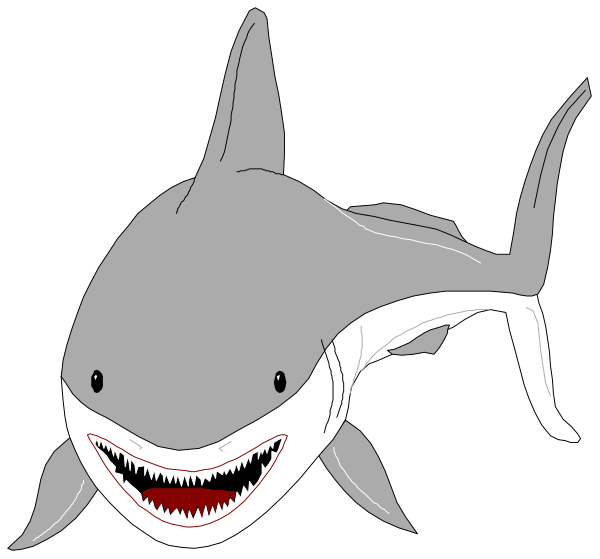 The image shows a cartoon depiction of two sharks with open mouths against a black background; on the left is an adult white-striped shark facing forward while smiling broadly, revealing its teeth and tongue, and displaying red eyes that glow in contrast to the dark backdrop. On the right side appears another similar image but smaller scale showing only half of this same shark's body from a different angle with one eye visible on top left corner; it also has an open mouth showcasing sharp white teeth within its gums and tongue, giving off a playful