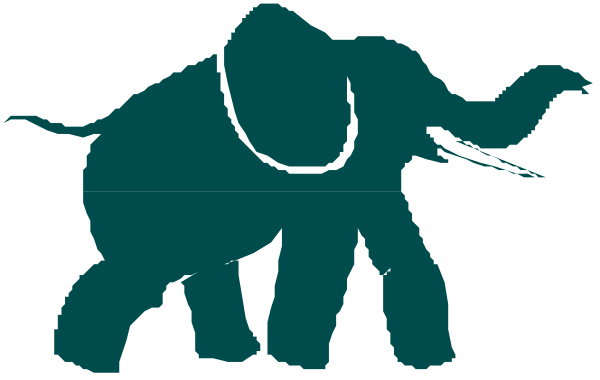 The image shows a stylized graphic of an elephant with tusks on either side standing next to another smaller figure that appears humanoid but is also depicted as having animal-like features such as ears, and it's holding what looks like a stick or staff in its hand while the two figures are facing each other. The background has abstract shapes resembling trees against an indistinct backdrop with no clear setting details provided.