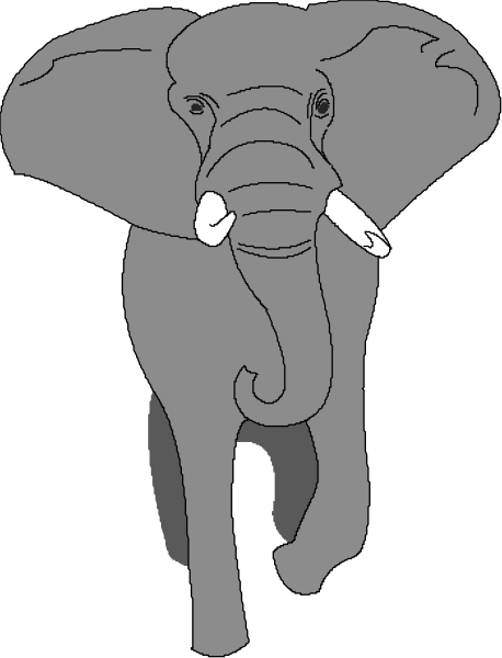 The picture shows a cartoon of an elephant with tusks standing alone against a plain background.