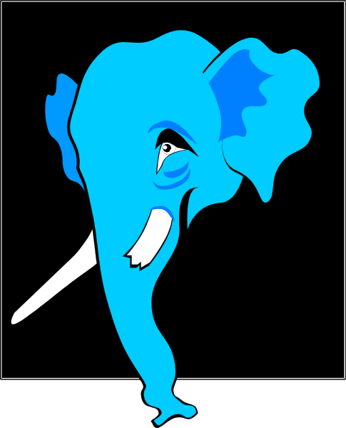 The image shows a cartoon of an elephant with large ears that resemble wings on either side of its head; it has blue skin and is smiling broadly at something off-camera to the left.