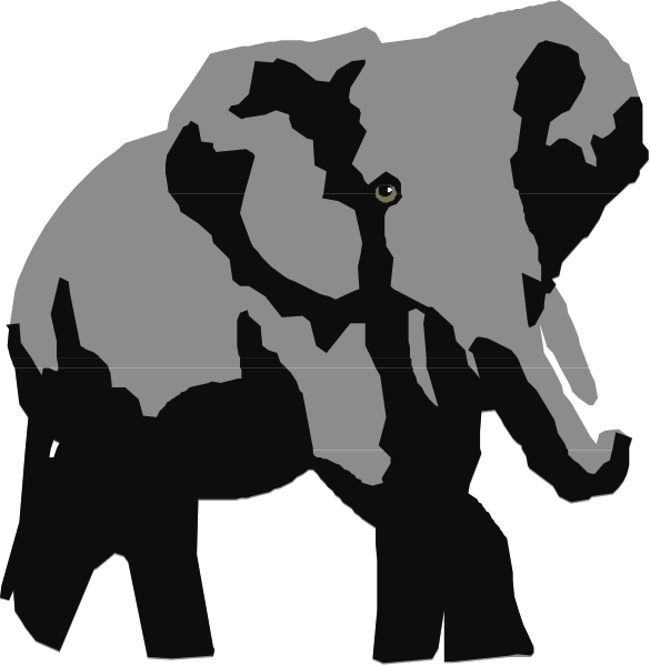 The image shows a black elephant with white tusks standing on top of an iceberg that is partially submerged in water against two different backgrounds: one showing only sky and another depicting land, both presented as clip-art images.