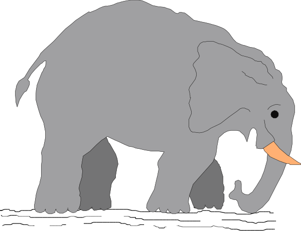 The image shows a gray elephant with tusks holding an orange carrot on its trunk against a black background.