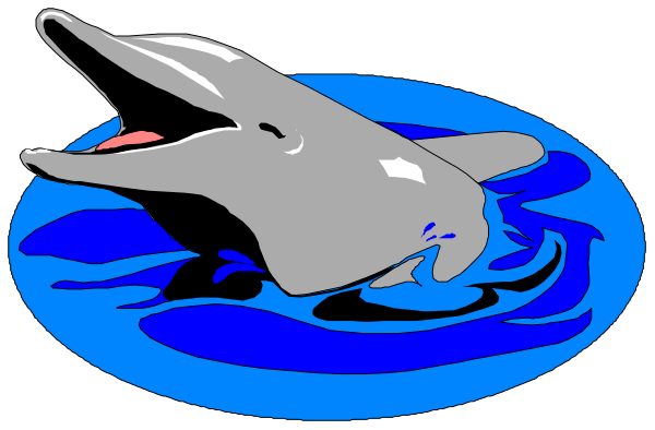 The image shows two cartoon dolphins swimming side by side with a blue water background; there is no text present in this clip-art illustration.