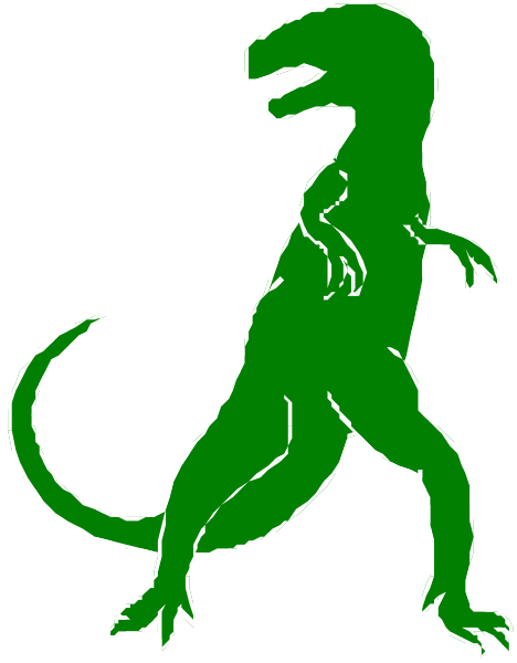 The image shows a green dinosaur standing upright on two legs with its arms outstretched as if walking forward against an unseen background.