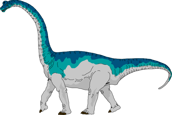 The image shows a cartoon of an adult blue dinosaur with white spots walking on all fours next to what appears to be its offspring in front of it.