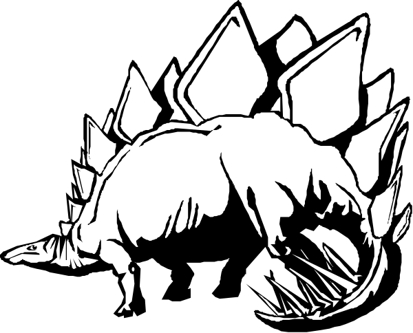 The black and white illustration shows a dinosaur with an open mouth on its back, standing next to what appears to be a volcano eruption in front of it.