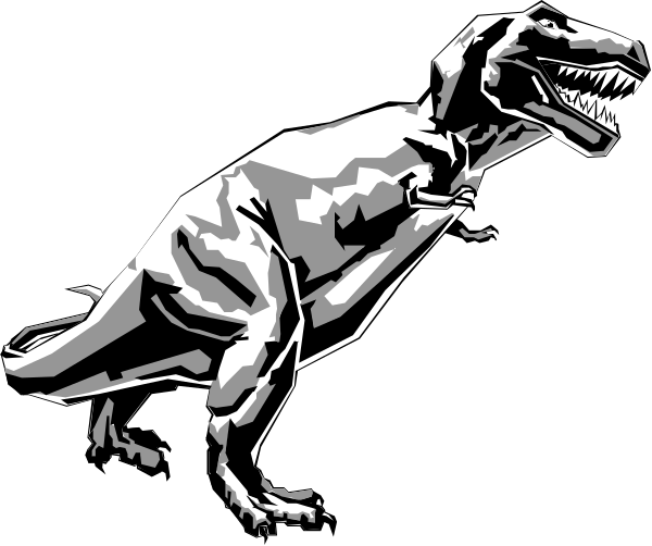 The black and white illustration shows a cartoon dinosaur with an open mouth standing on two legs against a dark background.