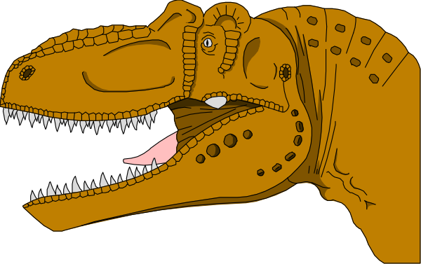 The cartoon shows a Tyrannosaurus Rex with an open mouth revealing sharp teeth against a plain background.