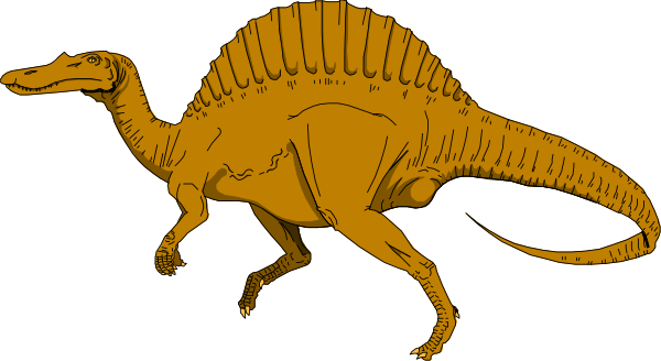 The image shows a cartoon of an orange dinosaur with spikes on its back walking to the right against a black background.