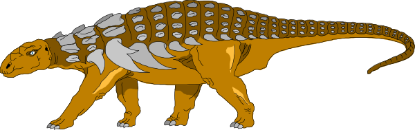 The image shows a cartoon of an orange dinosaur with spikes on its back walking to the right next to another smaller one that appears to be following it in front of what looks like a gray background, possibly representing sky and clouds due to their patterned appearance.
