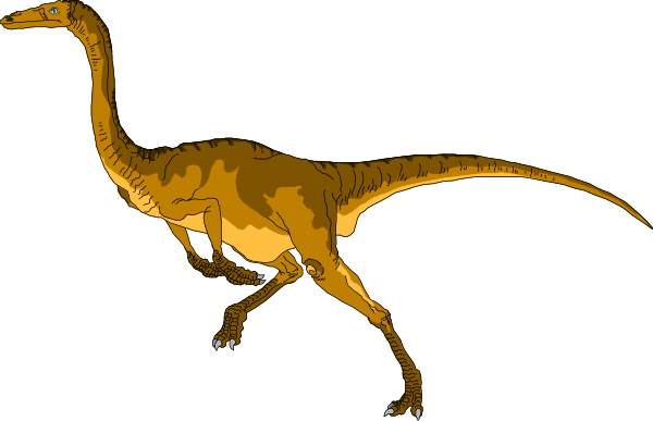 The image shows a cartoon of an orange dinosaur with white spots running on all fours against a black background.