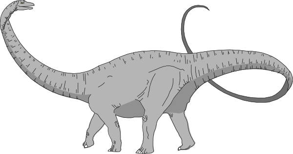 The black and white illustration shows a cartoon dinosaur walking on all fours with its tail curled up behind it in an outdoor environment that appears to be grassy terrain under clear skies.