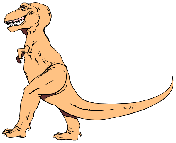 The black and white cartoon shows two dinosaurs walking side by side; on the left is a smaller T-Rex with its arms outstretched as if it's running towards something offscreen, while to the right stands an adult Tyrannosaurus Rex looking back over his shoulder.