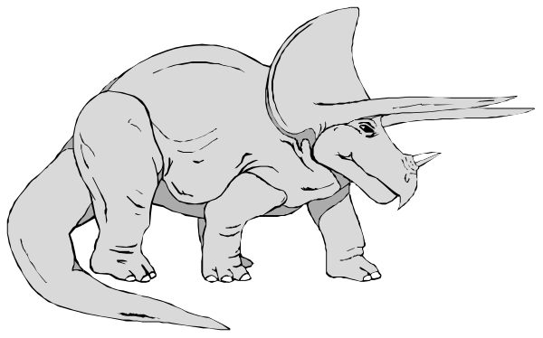 The black and white illustration shows a cartoon dinosaur with large eyes standing next to an equally sized unicorn-like creature that has one horn on its head; both creatures appear friendly in nature, suggesting this might be from a children's story or fantasy setting where such animals coexist.