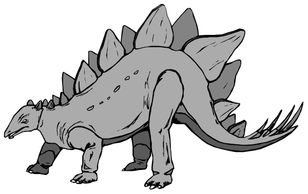 The black and white illustration shows a cartoon dinosaur with spikes on its back standing upright against a dark background.