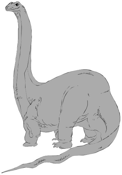 The black and white illustration shows a cartoon of an adult dinosaur standing upright on two legs with its arms outstretched as if it's walking towards something in front of it.