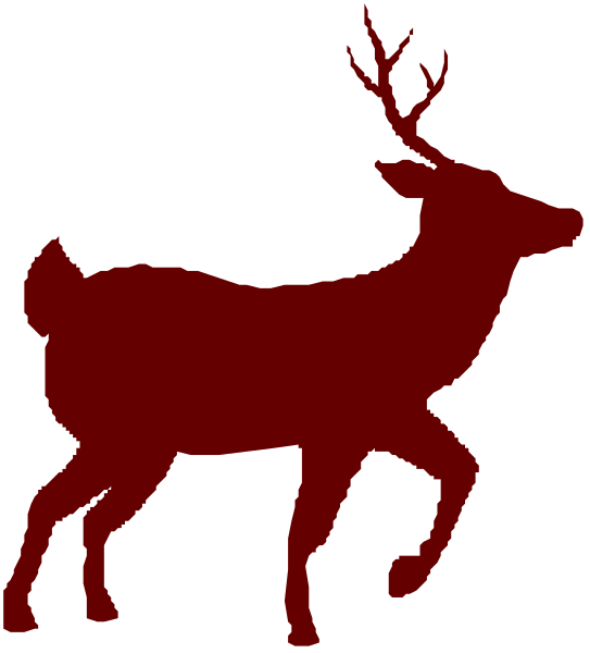 The image shows a red deer silhouette on a black background with white antlers running to its right side of the frame.