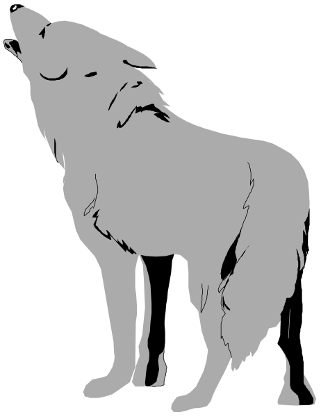 The black and white silhouette of a wolf standing upright on its hind legs with an open mouth as if howling.