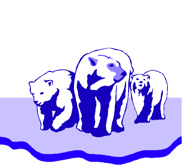 The image shows three polar bears standing on a frozen surface with water below them; there is no text present within this small clip-art picture.