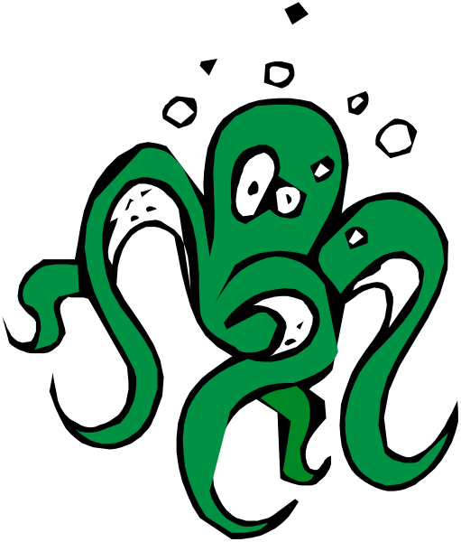 The image shows a green octopus with its tentacles spread out against a black background.