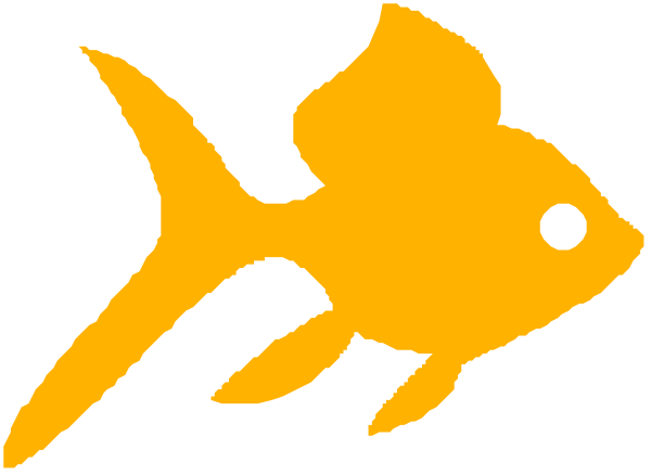 The image shows a stylized graphic of an orange fish with white fins swimming to its right against a dark background.