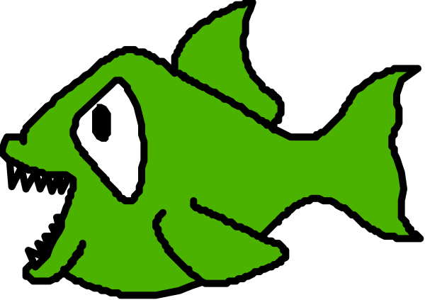 The image shows a cartoon fish with big eyes looking upwards towards an unseen object above it on what appears to be black background.