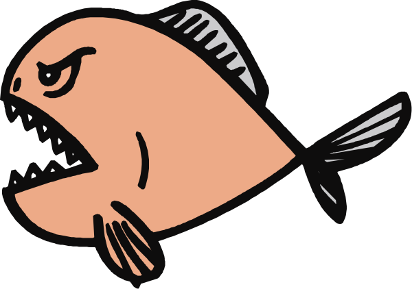 The cartoon shows a fish with an open mouth next to another smaller fish that appears frightened by its size.