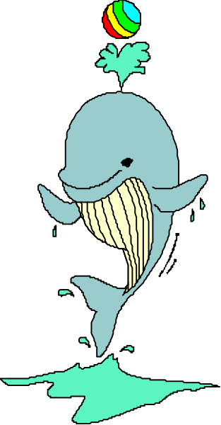 The image shows a cartoon whale with an open mouth next to what appears to be water droplets on its face, set against a black background that transitions into white at one end of the banner-like shape it's inscribed upon; there is also a small green leaf floating above the whale.