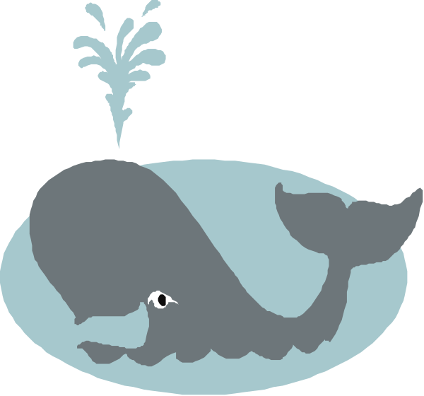 The image shows a cartoon of two whales swimming underwater with bubbles around them; there is also an illustration of water droplets above their heads suggesting movement through the air as well.