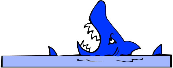 The image shows a blue shark swimming underwater with its mouth open near some bubbles at an angle against a dark background.
