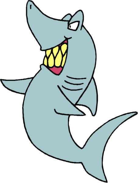 The image shows a cartoon shark with an exaggerated smile sitting upright on its tail fin against a black background.
