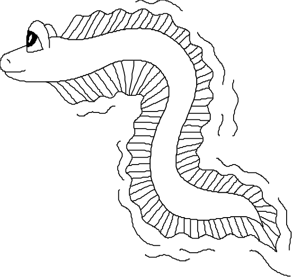 The black and white illustration shows two stylized sea creatures: a large fish with fins on its back swimming to the right side of the image; above it is another smaller creature that appears similar but has an elongated body, resembling some sort of eel or snake-like marine life.