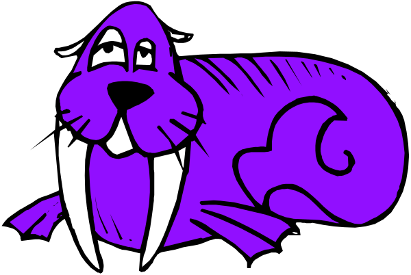The image shows a cartoon of an anthropomorphic walrus with purple fur lying down on what appears to be ice in front of it.