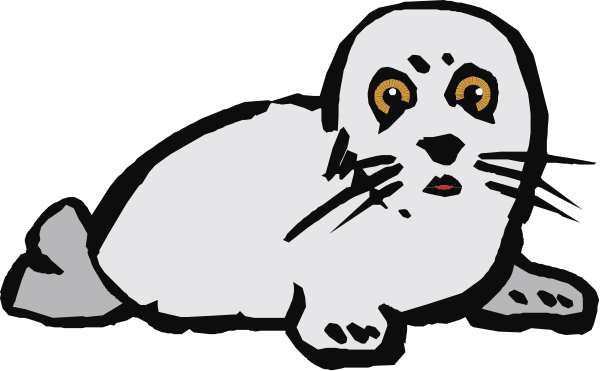 The image features a cartoon seal lying on its back with an expression of surprise or shock, set against a black background that contrasts sharply with the white coloring used for both the animal's fur and body outline.