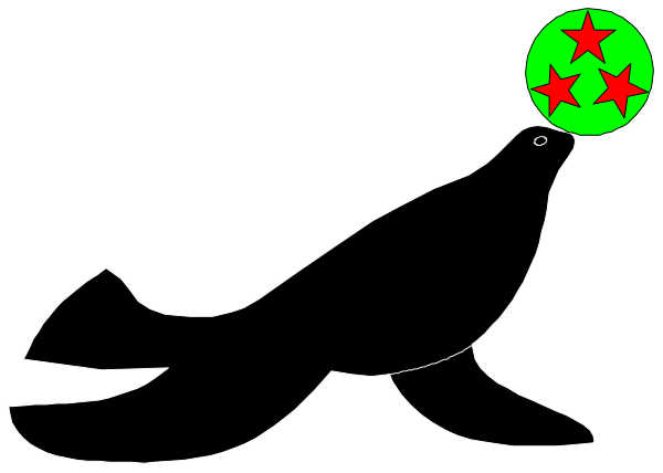 The image shows a black dolphin with an orange star on its head swimming next to another smaller whale-like creature in front of it underwater at nighttime.