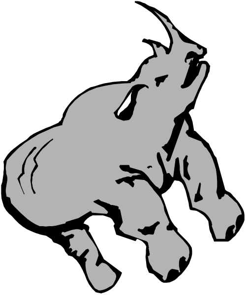 The black and white silhouette of an elephant standing on its hind legs with a raised trunk.