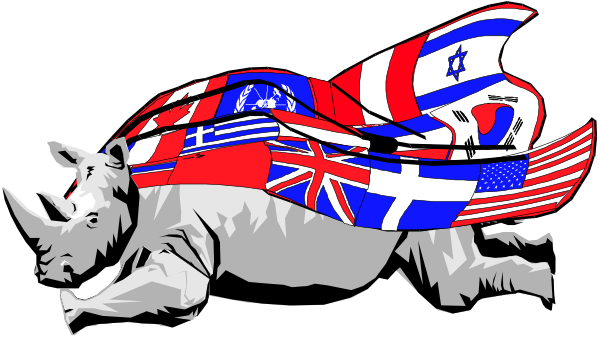 The flag of Israel on a rhino's back with other flags from around the world.