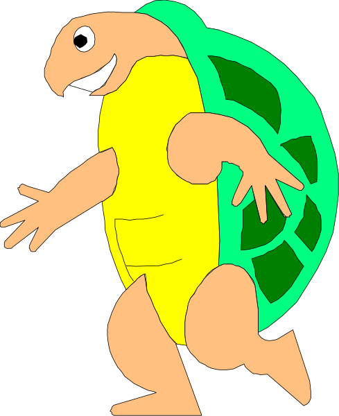 The image features a cartoon turtle character standing upright on its hind legs with arms outstretched as if dancing or celebrating.