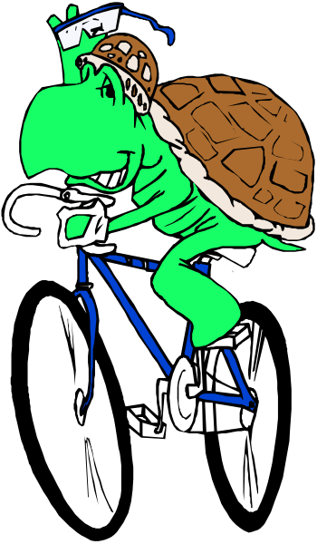 The cartoon depicts a turtle riding on top of an old bicycle with wheels visible at both ends; it is carrying what appears to be mail in its shell while traveling downhill through a tunnel, and there's no text present within this image.