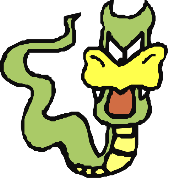The image shows two cartoon dragon characters with exaggerated facial expressions; on the left is a green snake-like creature with an open mouth revealing sharp teeth, while on the right is another similar character but in yellow and white stripes also showing its fangs.