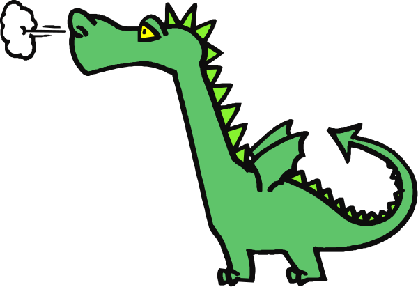The image shows a cartoon of an animated green dinosaur with large eyes standing upright on two legs against a black background.