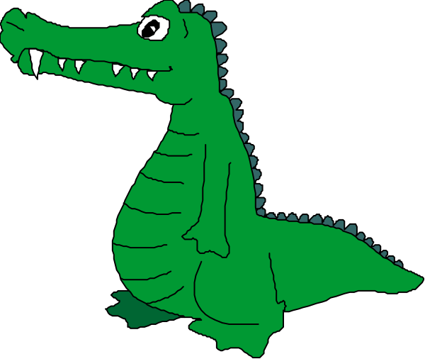 The image shows a cartoon alligator with an exaggerated smile standing upright on two legs against a black background.