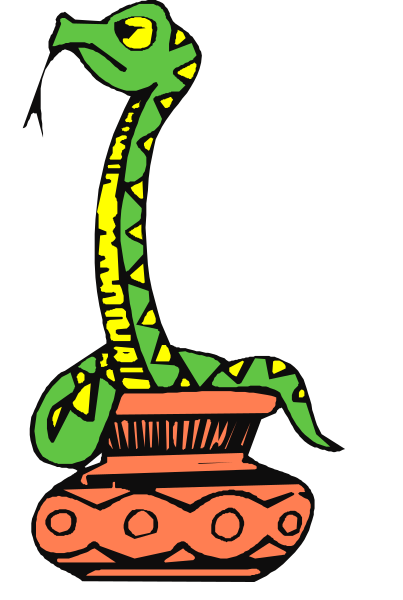 The image features a cartoon depiction of an animated snake coiled around what appears to be a vase with intricate designs on it; both items rest against a black background.