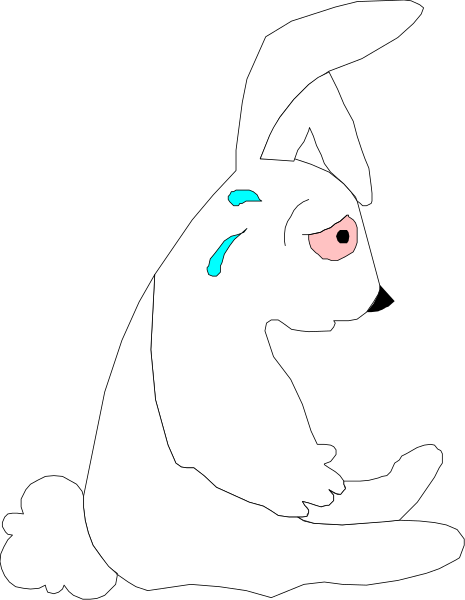 The black and white cartoon features a rabbit sitting on its hind legs with an exaggeratedly large smile, looking upwards towards something off-frame.