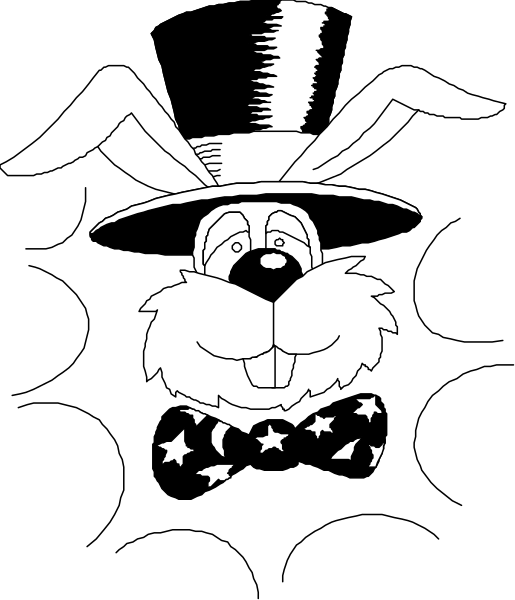 The black and white illustration features a cartoon rabbit wearing an oversized top hat with bunny ears on it, sitting in front of what appears to be stars against a dark background.