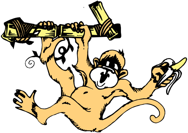 The black and white illustration shows a monkey with two bananas hanging from its hands while standing on top of another monkey that is also holding onto some banana bunches.