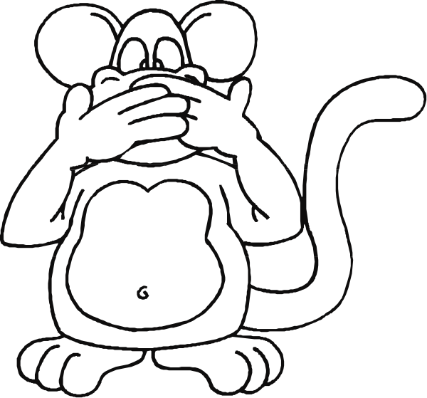 The black and white cartoon features a large mouse with its hands over its mouth as if it's whispering something to another smaller mouse that is also depicted in profile view on the right side of the image, but without any visible facial expression.