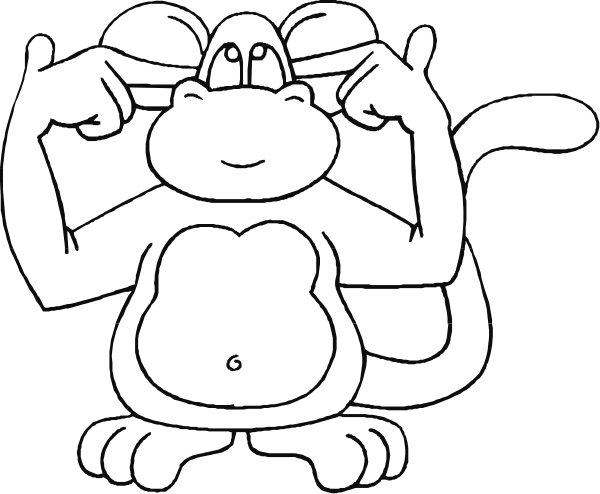 The black and white cartoon shows a monkey with its hands on either side of its head as if it's holding up ears to listen better.